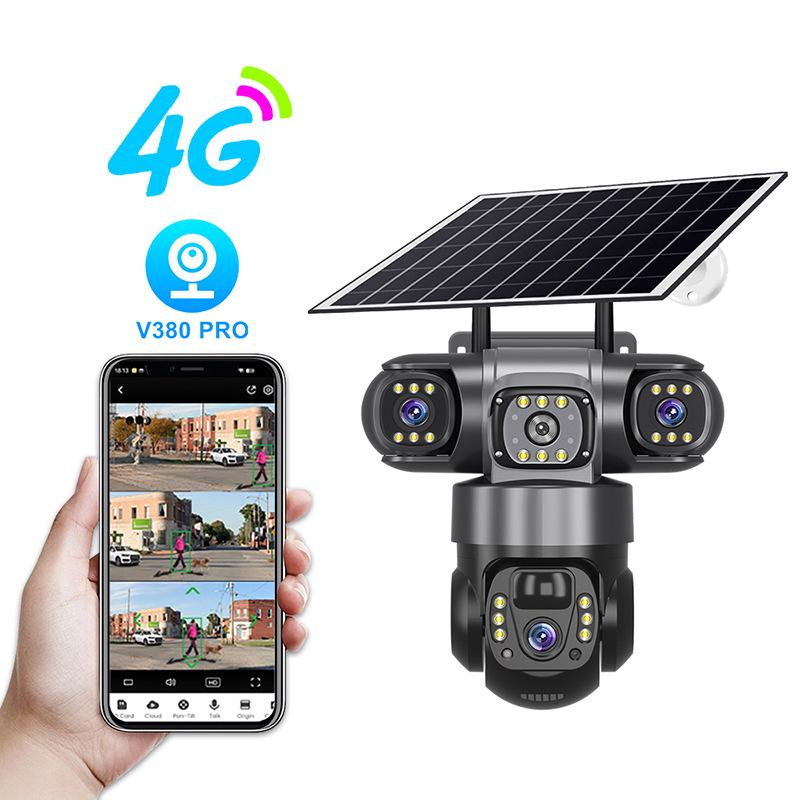 V380pro Solar-Powered 360° 4G Smart Outdoor Surveillance Camera with Three-Lens and Remote Monitoring