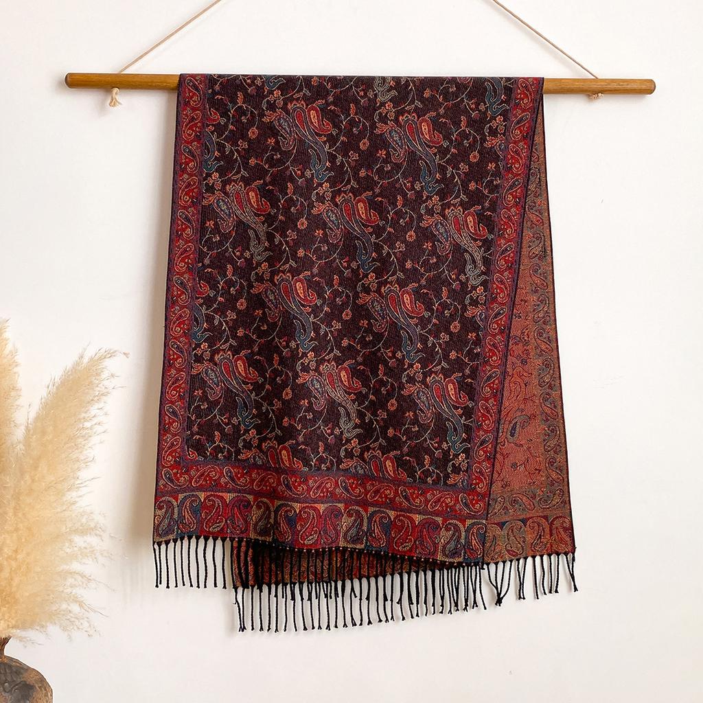 Scarf Autumn And Winter Thickened Scarf Ethnic Style Colored Tassel Travel With Cashew Flower