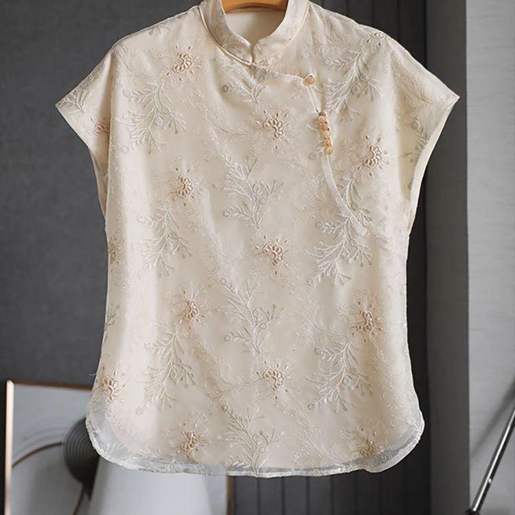 

Красивая вышитая рубашка в стиле ретро с воротником-стойкой, короткий рукав, элегантный темперамент, топ M [Recommended below 50kg]