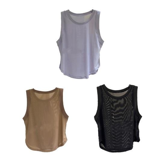 Women Vest Solid Color Loose Fit Sleeveless Tops Round Neck Mesh Yarn Splicing Thin Yoga Sport Tops Daily Wear