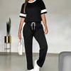 Womens Light Khaki Short Sleeve Top and Side Stripe Pants Casual Two Piece Set