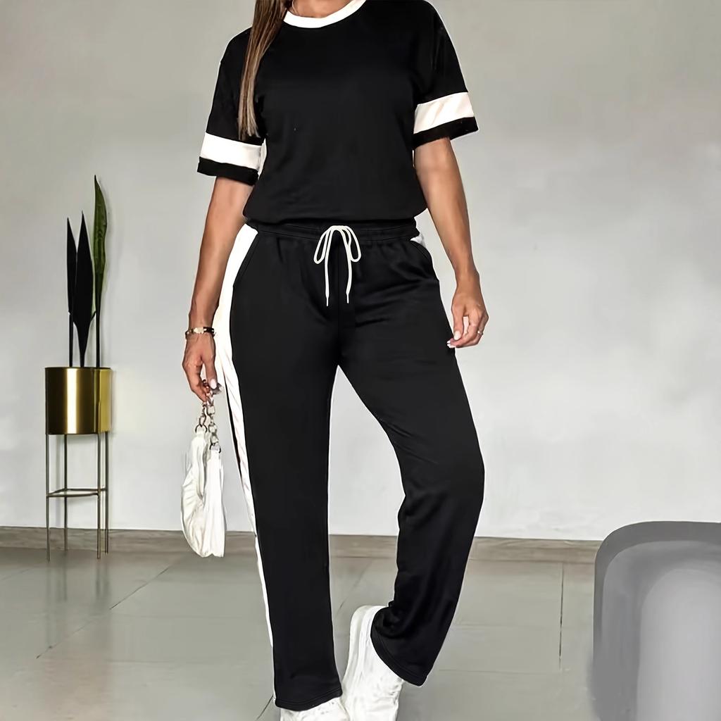 Womens Light Khaki Short Sleeve Top and Side Stripe Pants Casual Two Piece Set