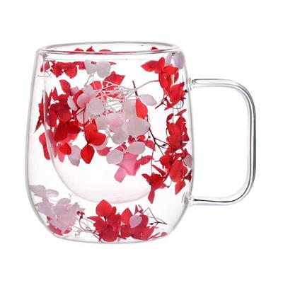 Double Wall Glass Mug with Floral Inside Insulated Heat Resistant Tea Latte Mug 250ml Cute Coffee Cup for Hot Cold Drinks