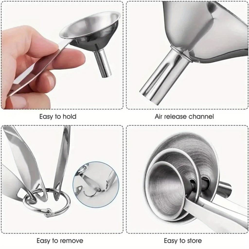3pcs/set 304 Stainless Steel Funnels With Cleaning Brush, Set Of 4, Small Funnel Set For Transferring Essential Oils Liquid Fluid Spice D
