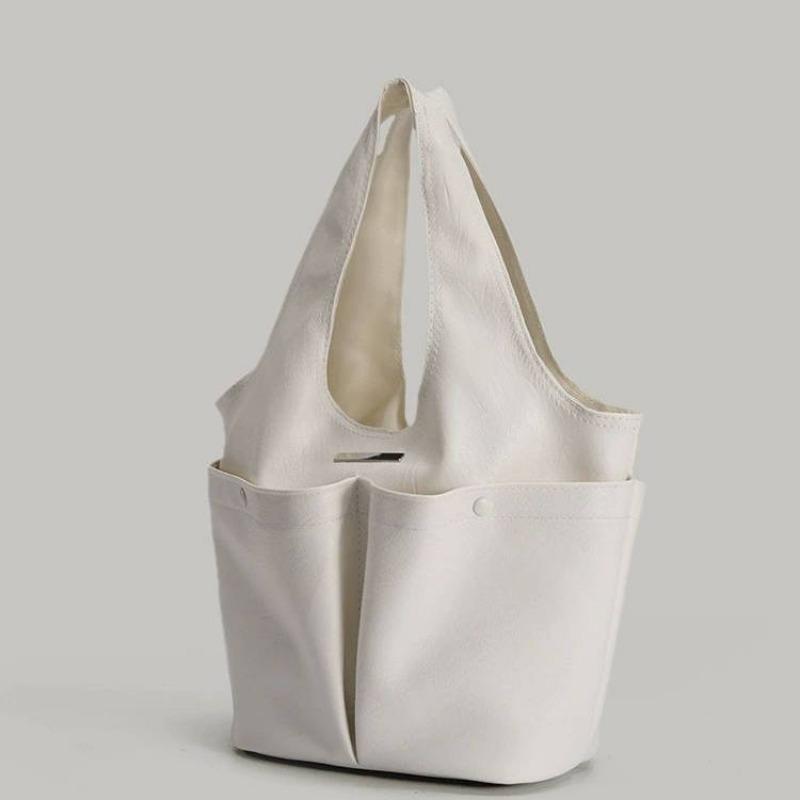 Pleated Double Pocket Tote Women's Large Capacity Commuter Tote Bag Casual Basket Bag