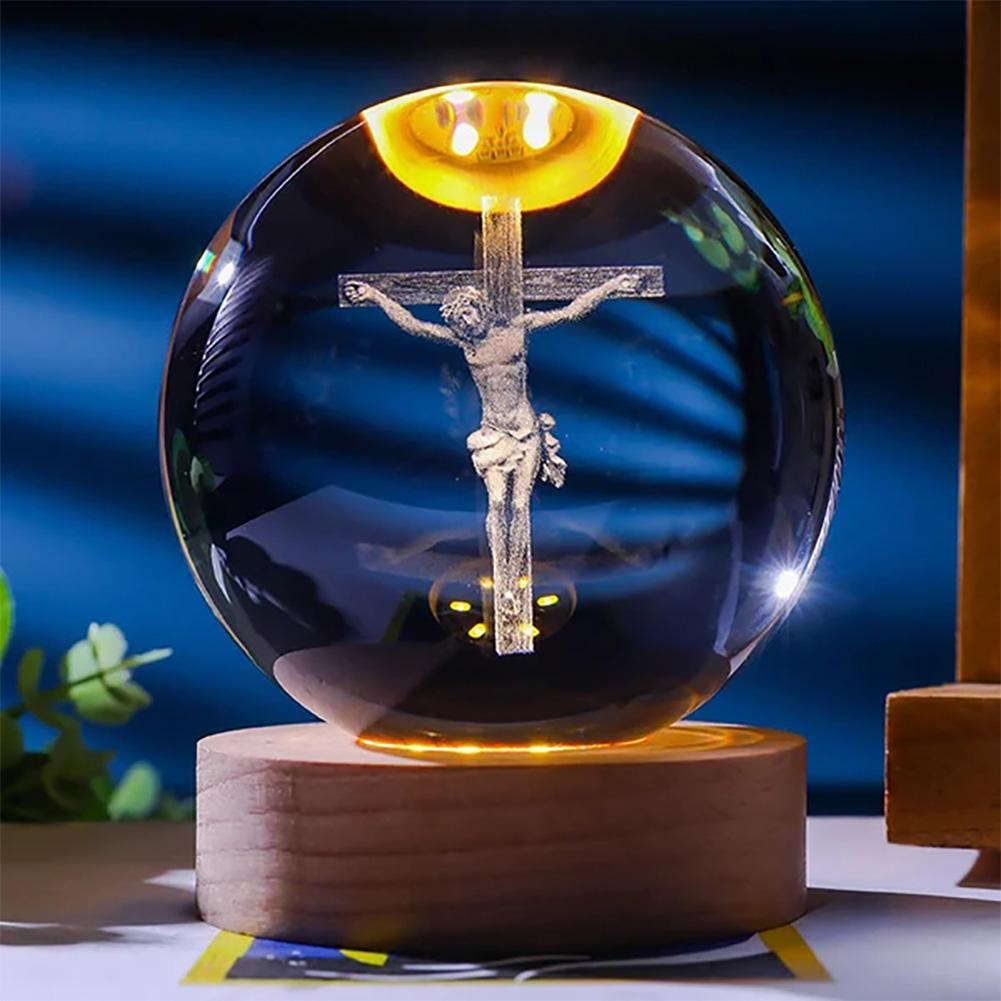 3D Creative Engrave Crystal Ball with Wooden Base USB Charging LED Crystal Ball Night Light Lighted Crystal Ball Art Decoration