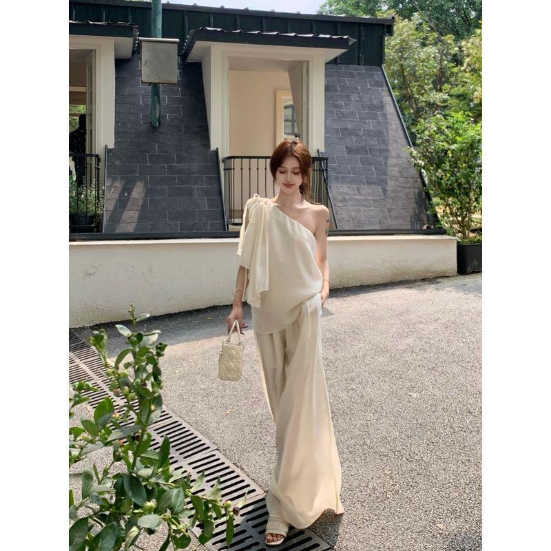 Kumikumi Casual Lazy Set Design off-the-Shoulder Loose Shirts Women Summer High Waist Mopping Pants Two-piece Set
