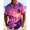 Herren Tropisches Neon-Landschafts-Print Kurzarmhemd, Natürlicher Und Ausgeprägter Stil, Für Sommerpartys Und Tägliche Styles