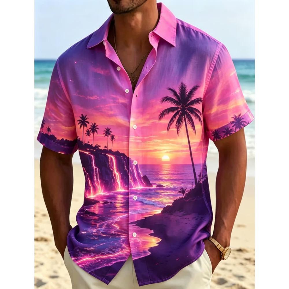 Herren Tropisches Neon-Landschafts-Print Kurzarmhemd, Natürlicher Und Ausgeprägter Stil, Für Sommerpartys Und Tägliche Styles