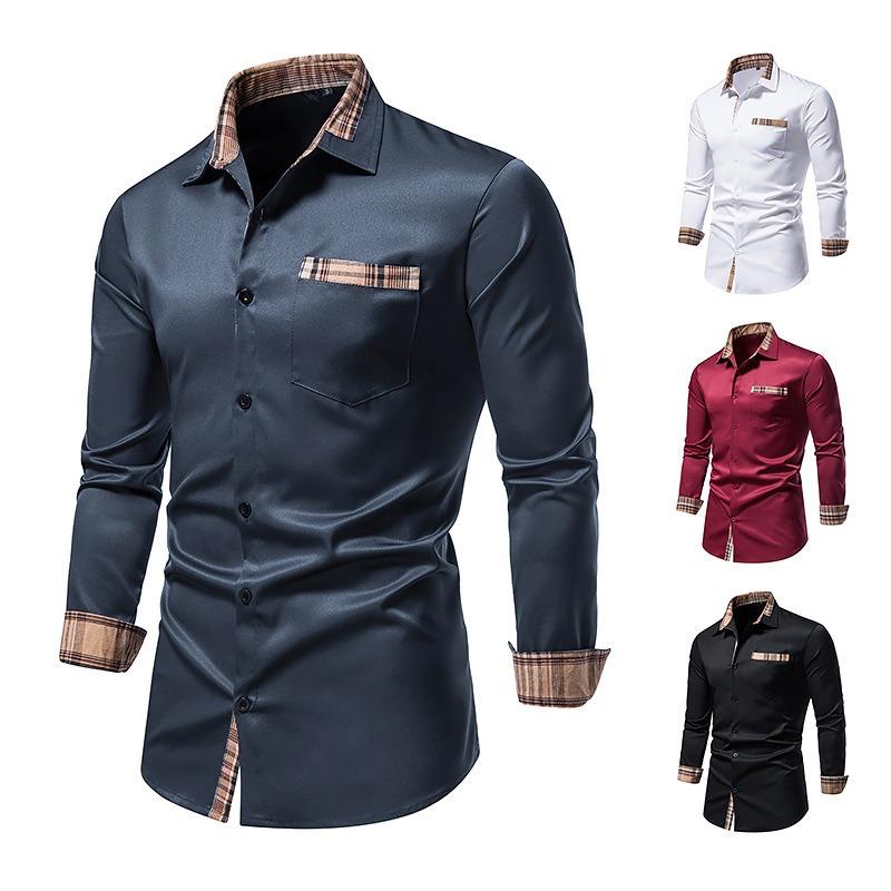 Mens Casual Long Sleeve Plaid Stitching Shirt European Size