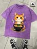Kitten Who Likes To Eat Lamian Noodles Snow Washed TShirt Mans Cotton Tee AllMatch Retro Clothing Unisex ONeck Loose Top