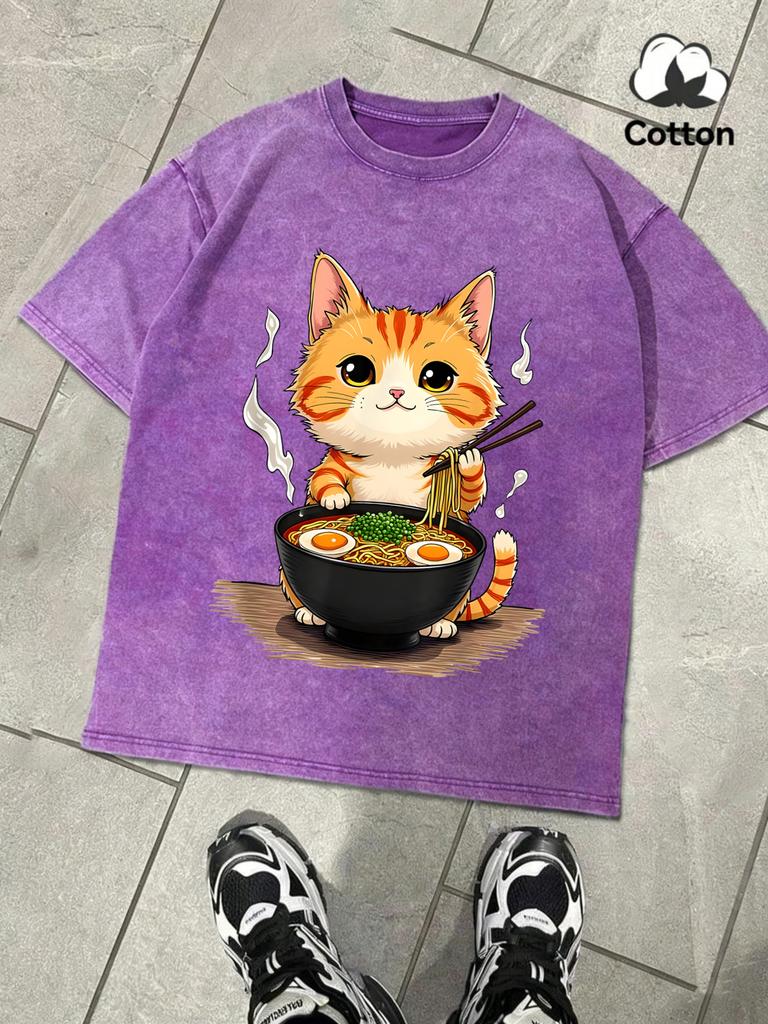 Kitten Who Likes To Eat Lamian Noodles Snow Washed TShirt Mans Cotton Tee AllMatch Retro Clothing Unisex ONeck Loose Top