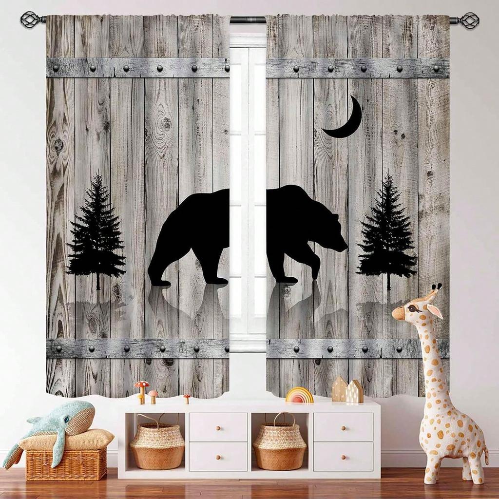 Rustic Bear Curtain  Farmhouse Cabin Country Wild Animal Vintage Wooden Board Forest Printed Bedroom Living Room Kitchen Window