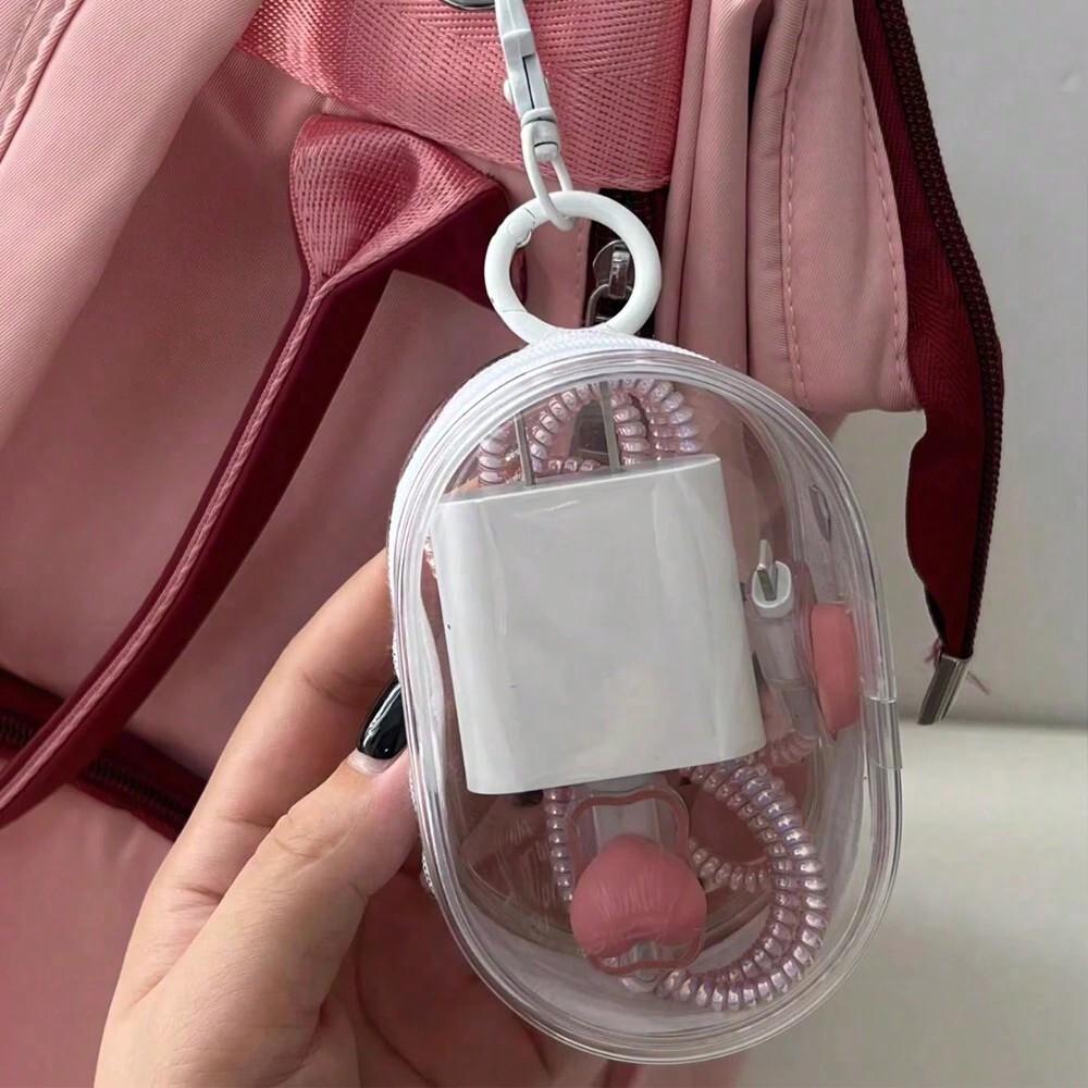 1PC Portable Mini Transparent Zipper Storage Bag, Compact Multifunctional Storage Bag, Headphone and Charger Case with Keychain