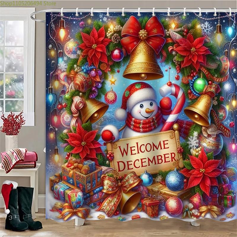 Christmas Tree Snowman Print Bathing Curtain Bathroom Shower Curtain With 12 Hooks bathroom home decor and accessories