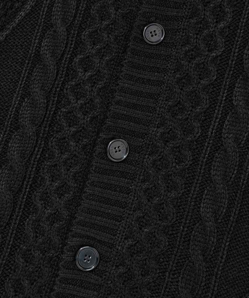 Nodu Fisherman Cable Round Neck Semi-Oversized Long Sleeve Knit Cable Knit Cardigan [Black]