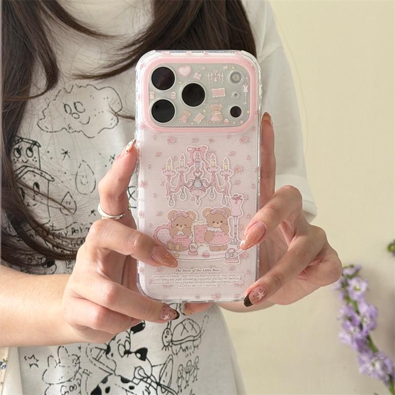 Cute Kawaii Pink Plaid Teddy Bear Phone Case For iPhone 16 15 14 13 Glitter Chandelier Print Protective Cover for Girls