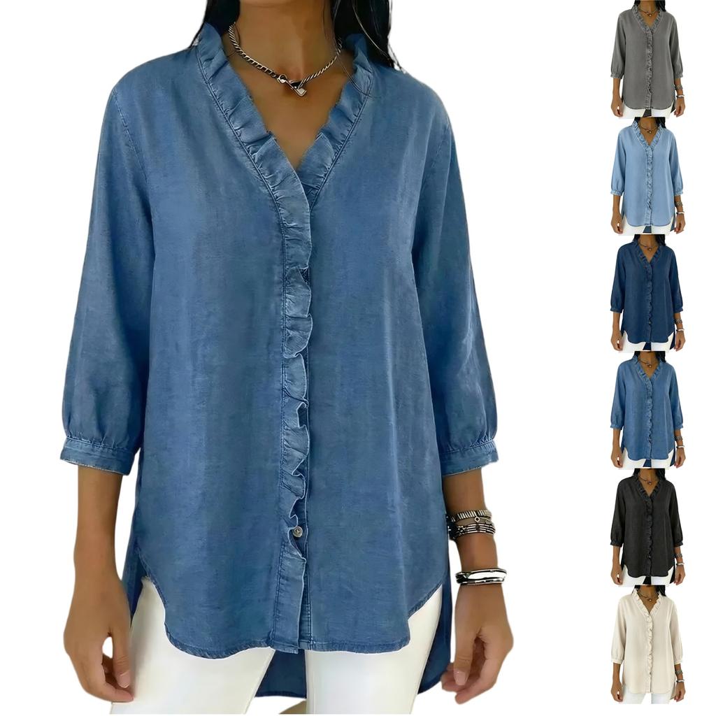 Dámská módní ležérní džínová košile s V-výstřihem a volánky