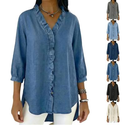 Modisches Lässiges Damen Denim V-Ausschnitt Rüschen Hemd Top