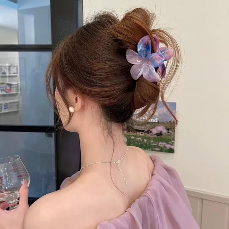 8cm Marble Pattern Frangipani Flower Hair Claw for Women Handmade Dyeing Design Acrylic Large Shark Clips Vacation Accessories