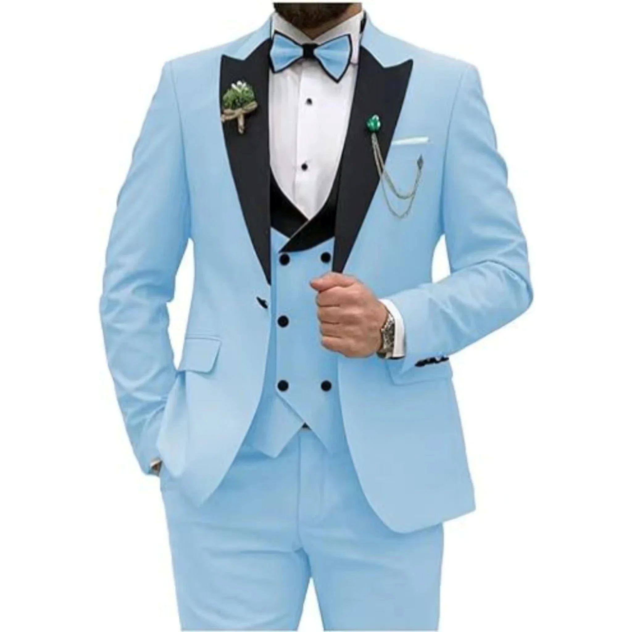 

Men s Suits 3 Pieces Blazer Vest and Pants Set Peak Lapel Luxury Tuxedo Suits for Men for Wedding Formal Dresses Business 2XL чёрный/небесно-голубой