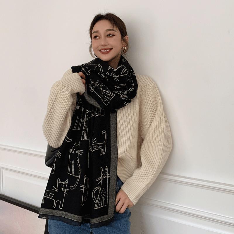 Cute pattern scarf, warm in winter, cute cat imitation cashmere scarf, female, short beard shawl, scarf dual-purpose