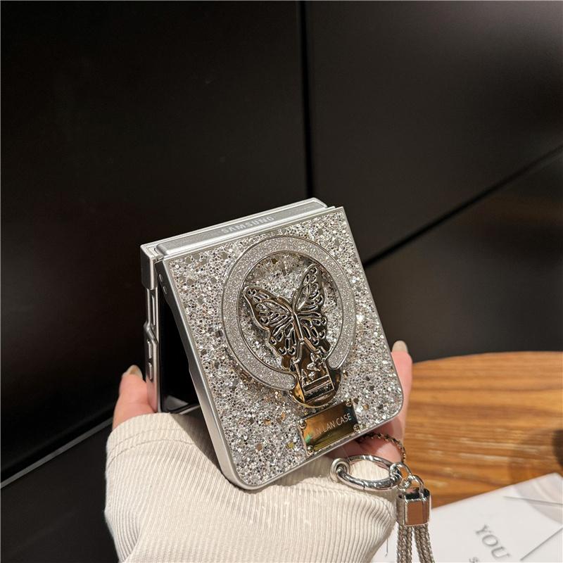 Fashion Glitter Cute Butterfly Stand Holder Phone Case for Samsung Galaxy Z Flip 7 FE 6 5 4 3 Flip6 Flip7 Cover with Chain Cases
