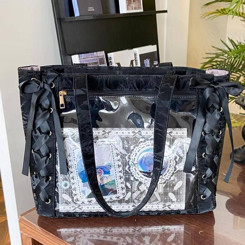 New Fashion Sweet Ita Bag Lolita Girl Transparent Shoulder Bag Women Large Capacity Ribbon Bow Tote Bag Cute DIY Display Handbag