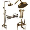 Antique Brass Shower Faucet Mixers Dual Handle Rainfall 8" Brass Shower Head with Bath Storage Shelf and Hooks Shower Water Tap