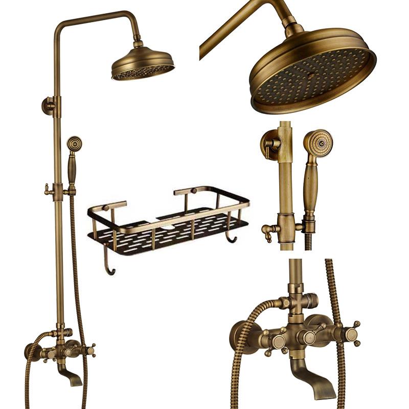 Antique Brass Shower Faucet Mixers Dual Handle Rainfall 8" Brass Shower Head with Bath Storage Shelf and Hooks Shower Water Tap