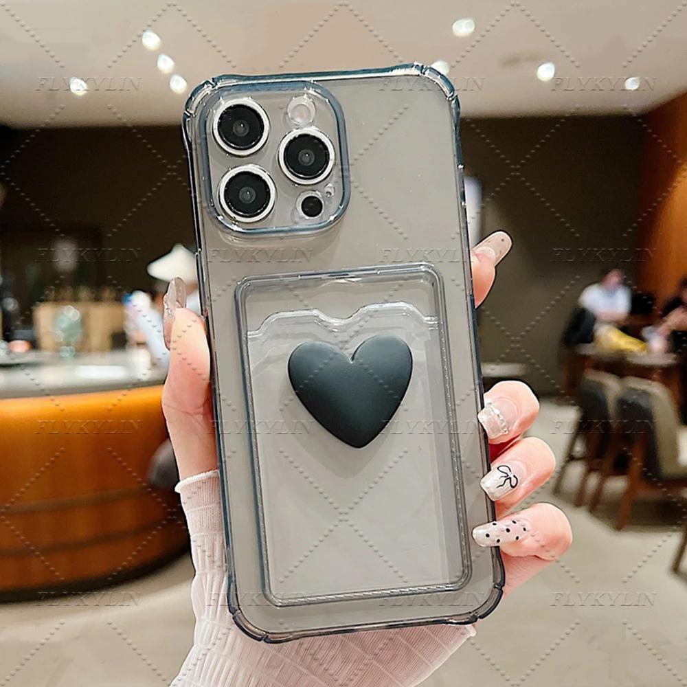 Luxury Transparent Wallet Card Phone Case For iPhone 16 15 14 13 12 Pro Max XS XR 7 8 Plus 16E Love Heart Shockproof Cover