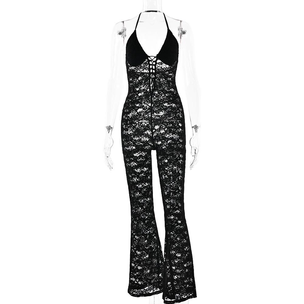 Women s Halter Neck Sleeveless Jumpsuit Slim High Waist Lace Flare Leg Bodysuit Outfit S