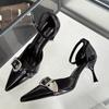 Stiletto Sandals Spring New Sharp Head Shallow Mouth Rivets Metal Buckle A Word Buckle Anti-slip Wear-resistant High Heels