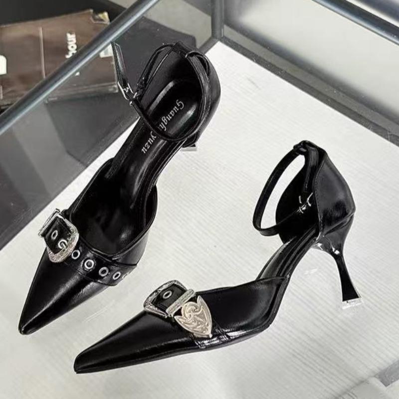 Stiletto Sandals Spring New Sharp Head Shallow Mouth Rivets Metal Buckle A Word Buckle Anti-slip Wear-resistant High Heels