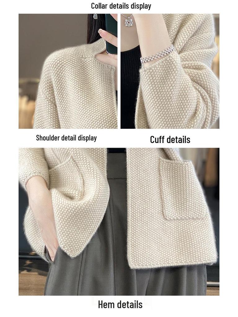 Cozy 100% Wool Knitted Stand-Up Collar Cardigan - Women's Spring & Autumn Loose Outerwear, Versatile Fashion Sweater