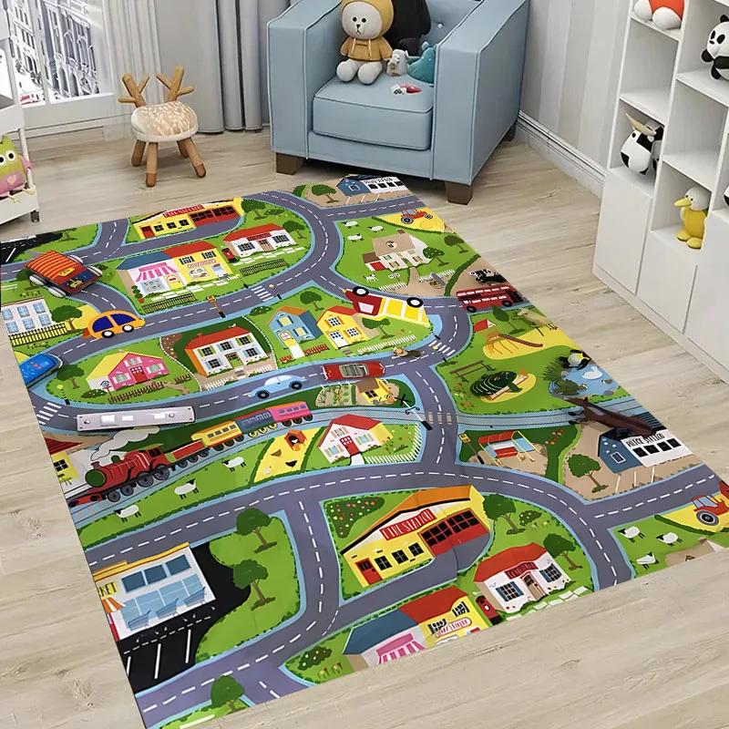 3D-Druck Kinderspielmatte Stadtverkehrskarte Großer Flächenteppich Teppich für Wohnzimmer Schlafzimmer Kinder Spielen Rutschfeste Bodendekormatte Geschenk