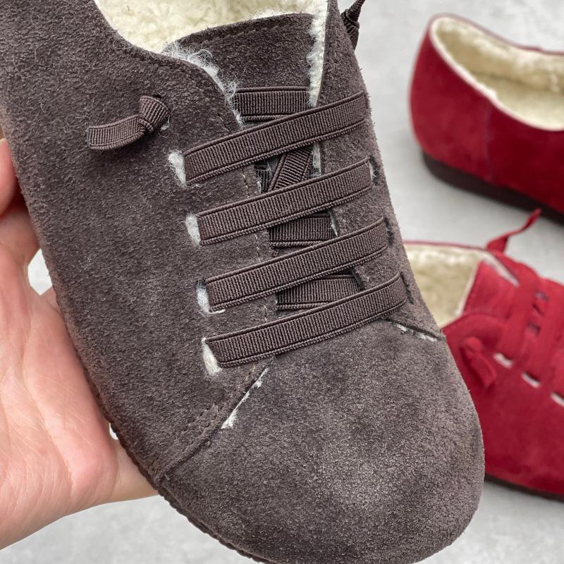 Johnature Retro Plüsch Damenschuhe Rinds Wildleder Flachboden Wildleder Lässig Elastisches Band Warme Baumwollschuhe