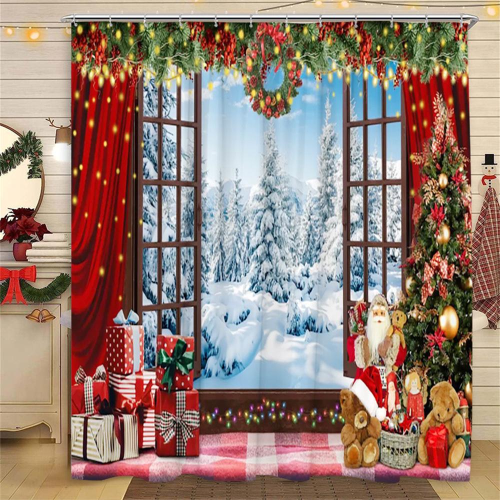 Christmas Shower Curtains Funny Santa Claus Xmas Tree Fir Branch Red Berry Birds New Year Fabric Bathroom Decor Bath Curtain Set