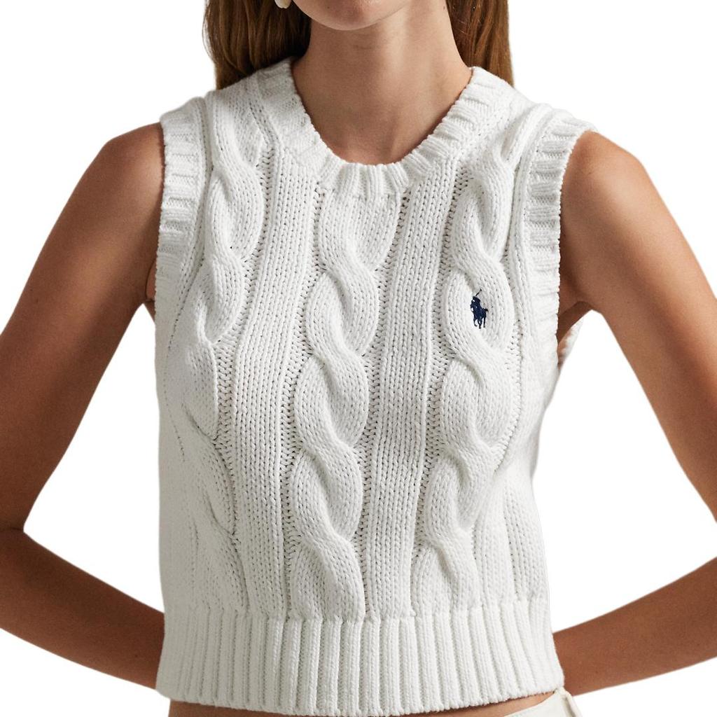 Polo Ralph Lauren Embroidered Pony Crew Neck Cable Knit Sleeveless Top Women Tops White WMPOSWENC021163-100