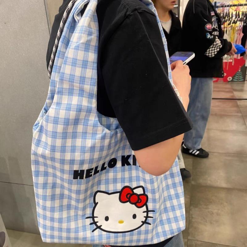 New Kt Cat Cute Cartoon Plaid Shoulder Bag Women's Large-capacity Canvas Bag Student Class Commute Tote Bag