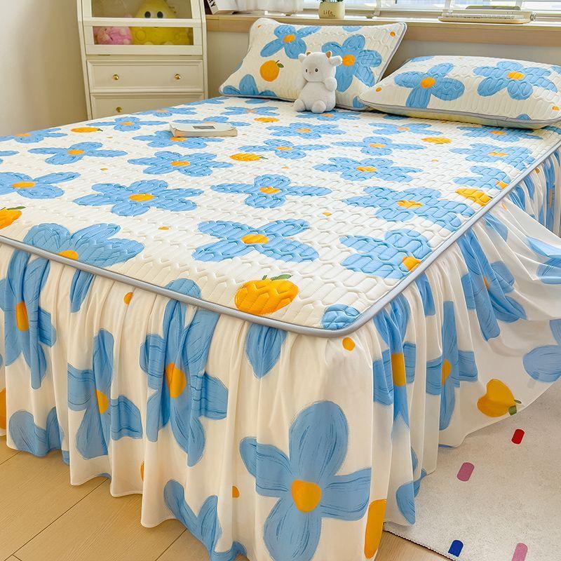 1/3Pcs Thai Latex Cooling Bed Skirt, Ice Silk Mattress Cover, Washable Breathable Cooling Mat for Queen King Beds