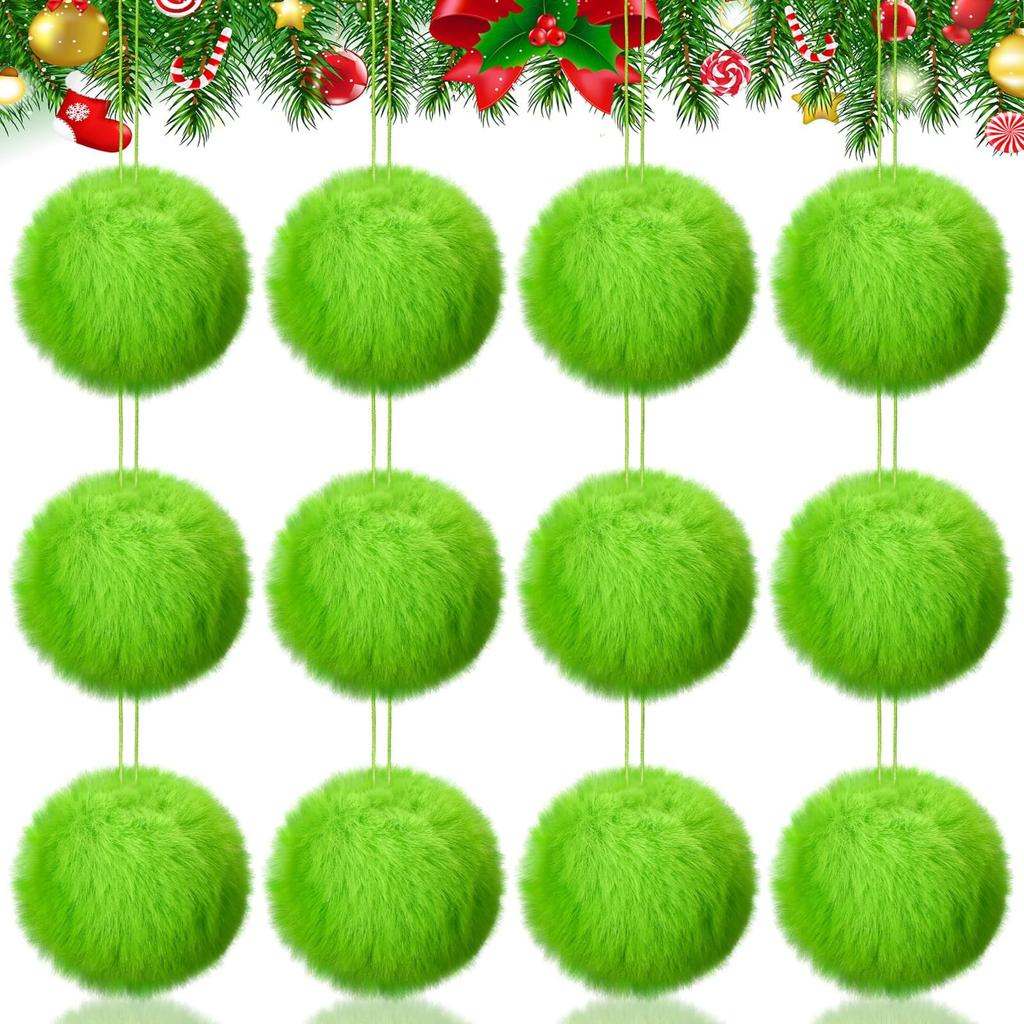 12pcs Lemon Green Fluffy Ball Soft Faux Fur Plush Texture Holiday Theme Hanging Detail Festive Tree Decor Accessory