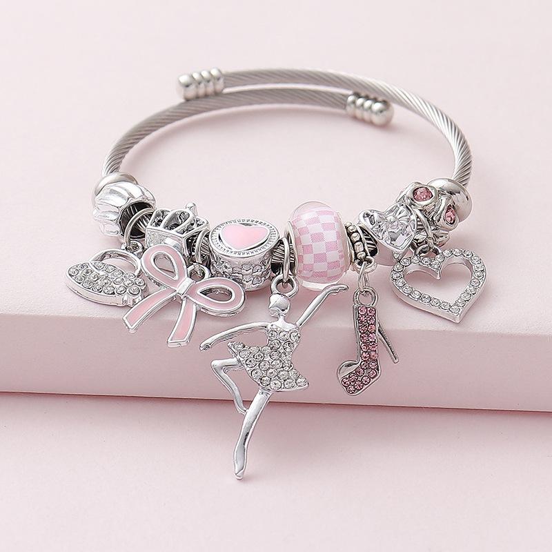 Sweet And Cool Princess Style Pink Butterfly Pendant, Light Luxury Full Diamond High Heels, Ballet Love Diy Opening Bracelet