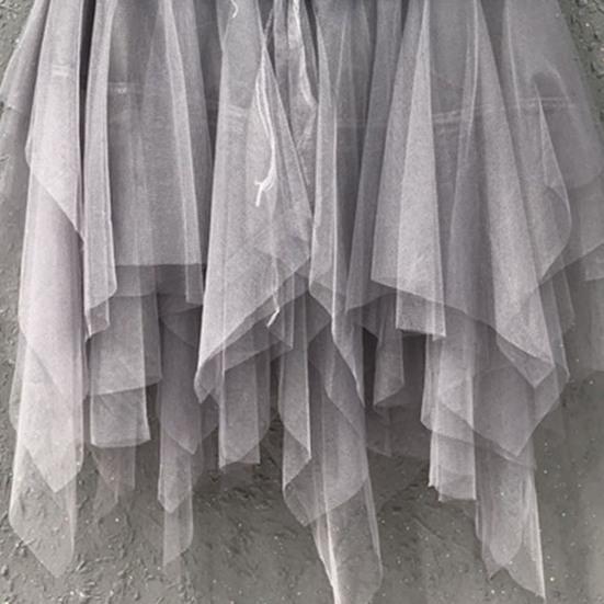 Women Skirt High Waist Denim Splicing Mesh Yarn Irregular Hem A-Line Skirt Versatile Work Leisure Daily Wear