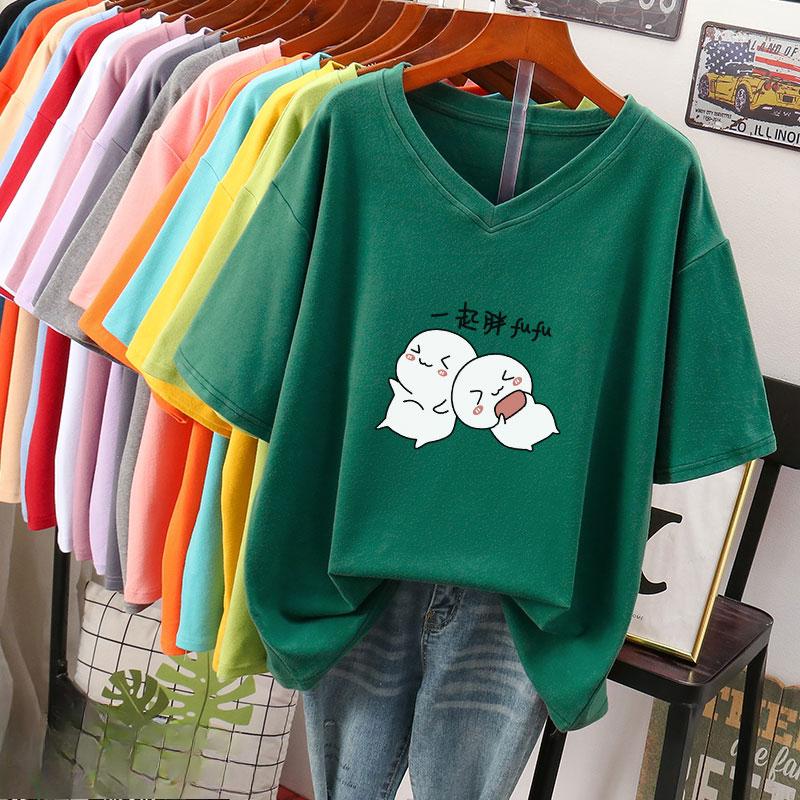 Camiseta de manga curta, Solta, Top V-neck Estampado Emagrecedor para Mulheres