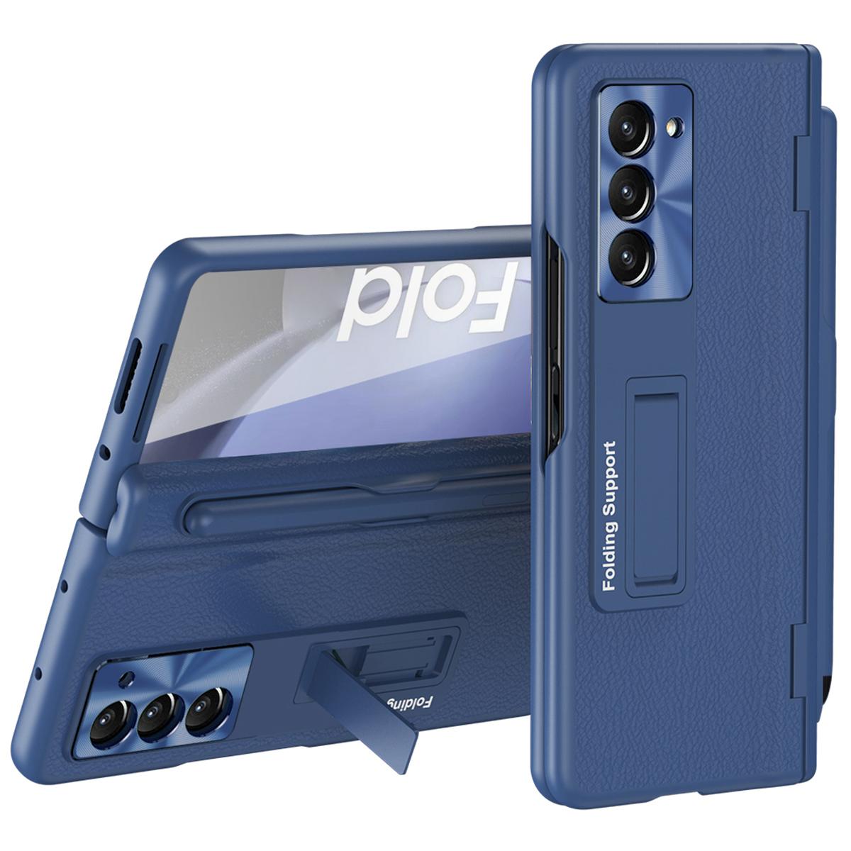 

For Samsung Galaxy Z Fold6 5G Kickstand Case Leather+PC Phone Cover with Stylus and Tempered Glass Film Sapphire