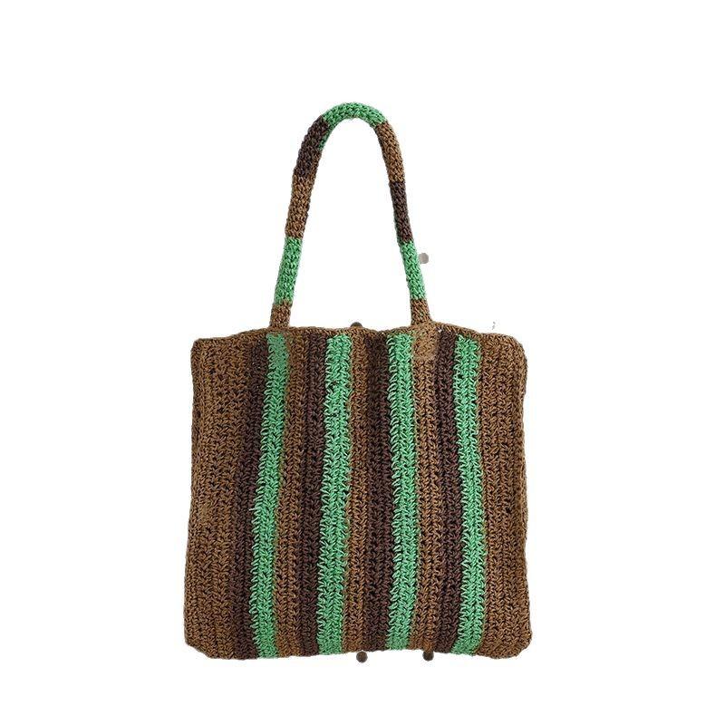 

Contrasting Paper Rope Striped Straw Bag Versatile Handwoven Bag Holiday Beach Bag Large Capacity Shoulder Tote Bag Open зелений