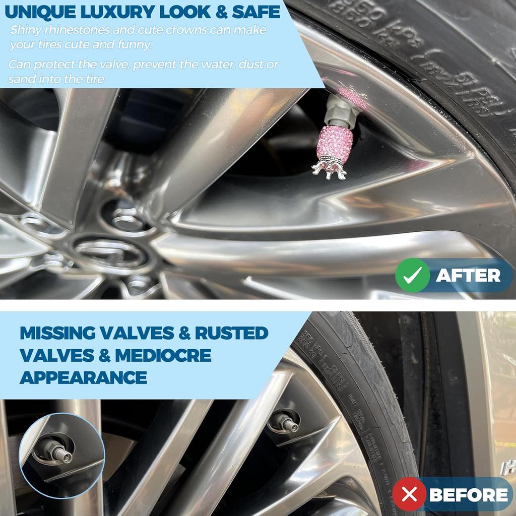 ROSON Valve Stem Caps, 4 Pack Handmade Crown Bling Crystal Rhinestone Car Wheel Tire Valve, Attractive Dustproof Car Accessories, Universal Stem Air