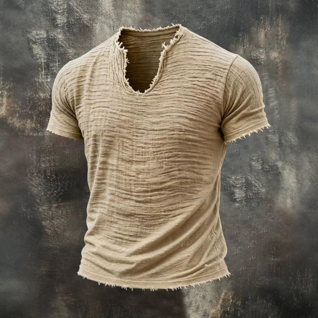 Summer, Solid Color, Men's T-shirt, Retro V-neck, Hairy Edge, Short Sleeve
