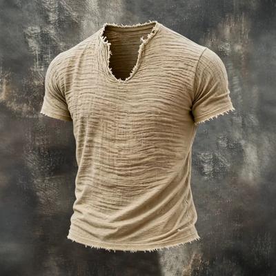 Summer, Solid Color, Men's T-shirt, Retro V-neck, Hairy Edge, Short Sleeve